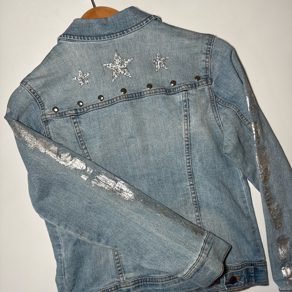 Old navy Blue Jean denim jacket with silver studs, featuring a handmade jacket